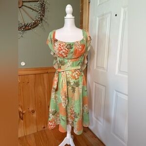 Vintage Leslie Fay Green and Orange Sleeveless Sundress